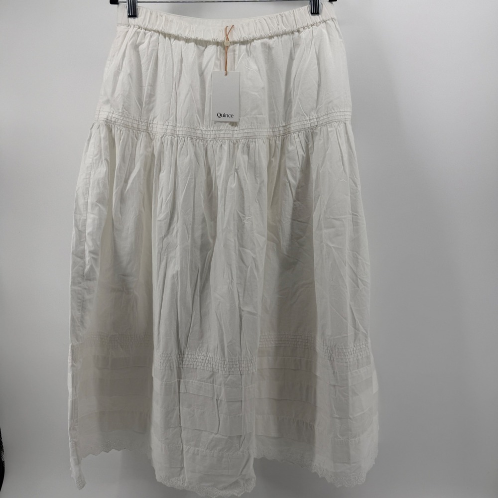 Quince Organic Cotton Tiered Eyelet Lace Midi Skirt White Medium NWT